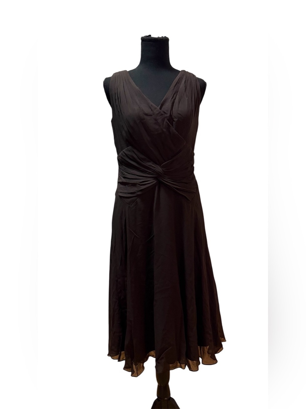 Tadashi Collection Size 12P Brown Silk Mesh Flowy Surplice Midi Dress Flaw, Read